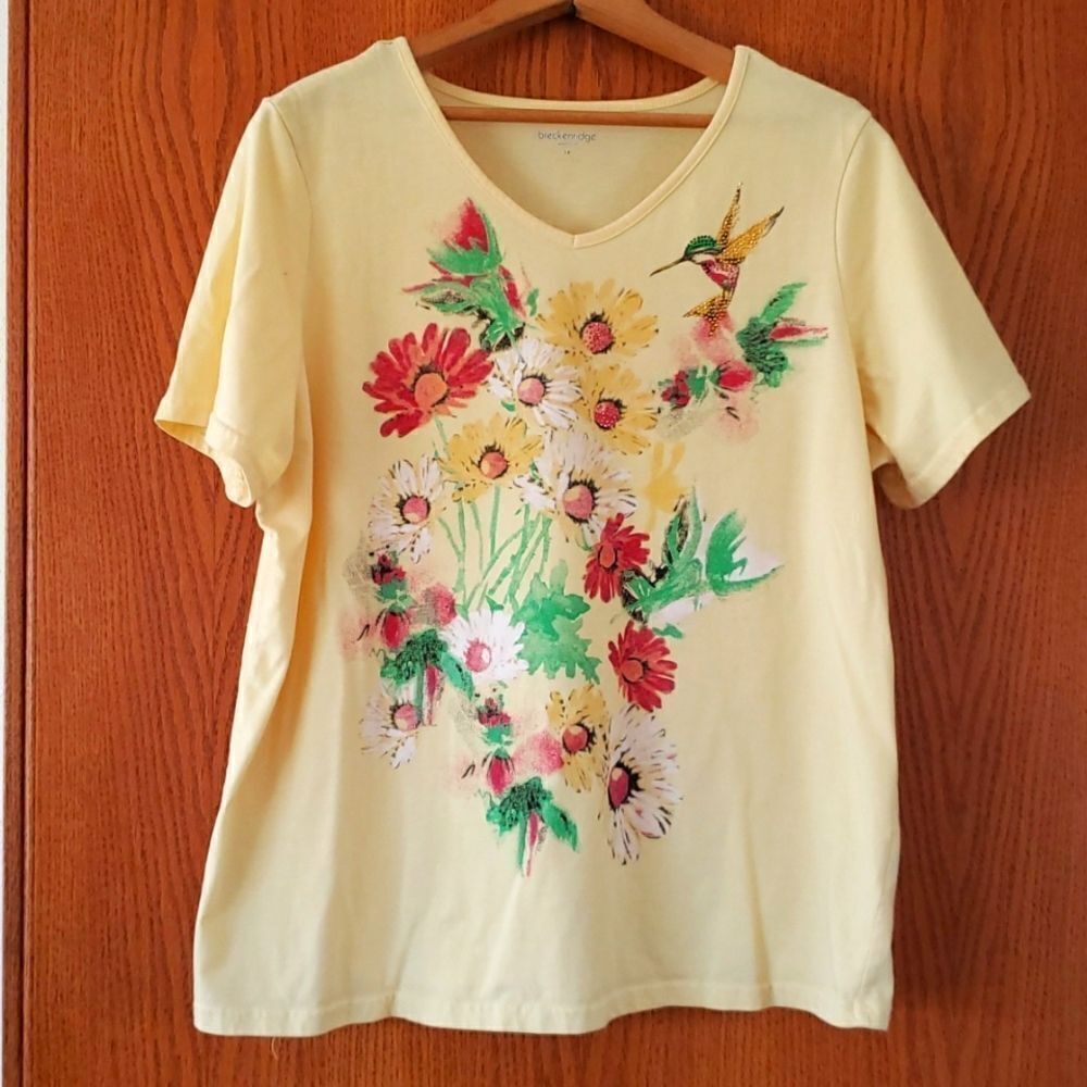 Pretty Yellow Breckenridge Ladies T-Shirt Hummingbird Flowers Bling Sz 1X